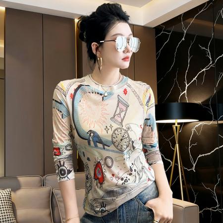 BY13848# 春夏潮流个性网纱印花上衣轻熟圆领修身洋气美式设计感百搭  服裝批發女裝批發服飾貨源