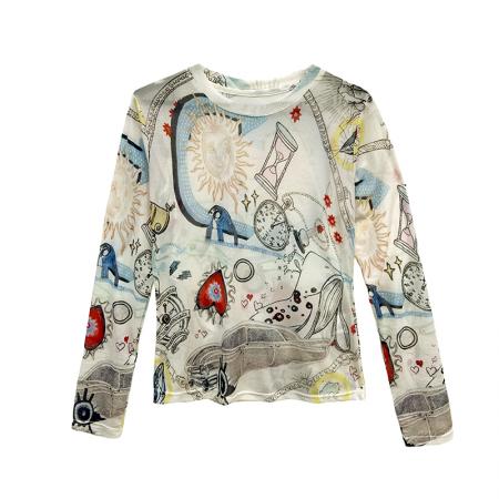 BY13848# 春夏潮流个性网纱印花上衣轻熟圆领修身洋气美式设计感百搭  服裝批發女裝批發服飾貨源