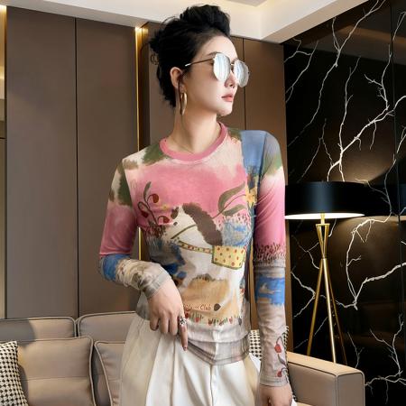 BY13849# 欧洲站春夏新款时尚圆领百搭气质显瘦简约晕染小马网纱上衣  服裝批發女裝批發服飾貨源