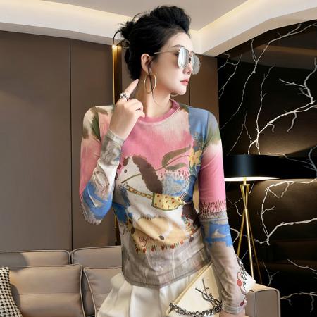 BY13849# 欧洲站春夏新款时尚圆领百搭气质显瘦简约晕染小马网纱上衣  服裝批發女裝批發服飾貨源