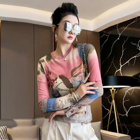 BY13849# 欧洲站春夏新款时尚圆领百搭气质显瘦简约晕染小马网纱上衣  服裝批發女裝批發服飾貨源