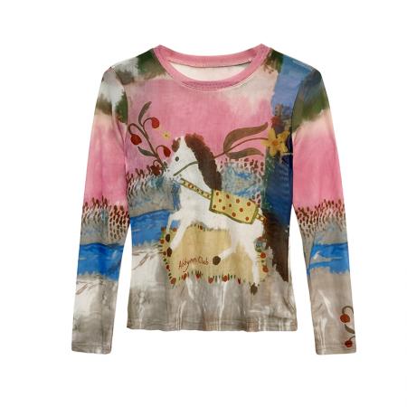 BY13849# 欧洲站春夏新款时尚圆领百搭气质显瘦简约晕染小马网纱上衣  服裝批發女裝批發服飾貨源