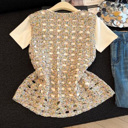 BY13850# 夏季新款圆领短袖T恤钩花镂空背心两件套洋气减龄套装女  服裝批發女裝批發服飾貨源