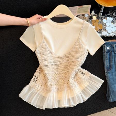 BY13851# 蕾丝拼接吊带背心女夏新款百搭叠穿短袖T恤两件套装  服裝批發女裝批發服飾貨源