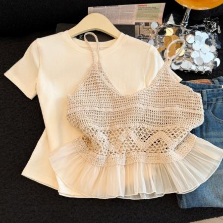 BY13851# 蕾丝拼接吊带背心女夏新款百搭叠穿短袖T恤两件套装  服裝批發女裝批發服飾貨源