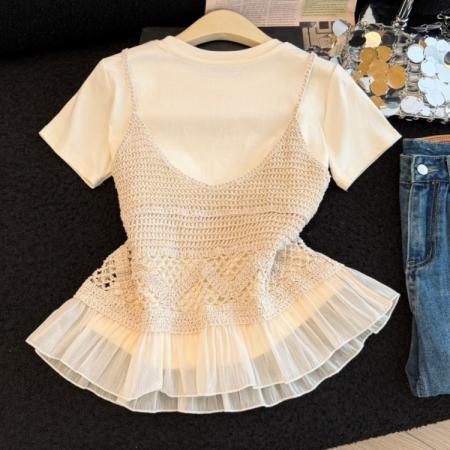 BY13851# 蕾丝拼接吊带背心女夏新款百搭叠穿短袖T恤两件套装  服裝批發女裝批發服飾貨源