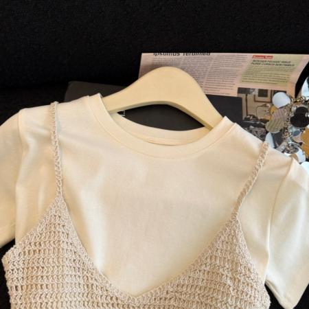 BY13851# 蕾丝拼接吊带背心女夏新款百搭叠穿短袖T恤两件套装  服裝批發女裝批發服飾貨源