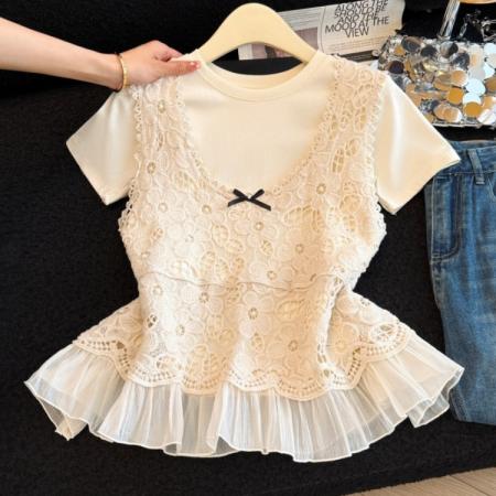 BY13852# 蕾丝拼接蝴蝶结吊带背心女夏新款百搭叠穿短袖T恤两件套装  服裝批發女裝批發服飾貨源