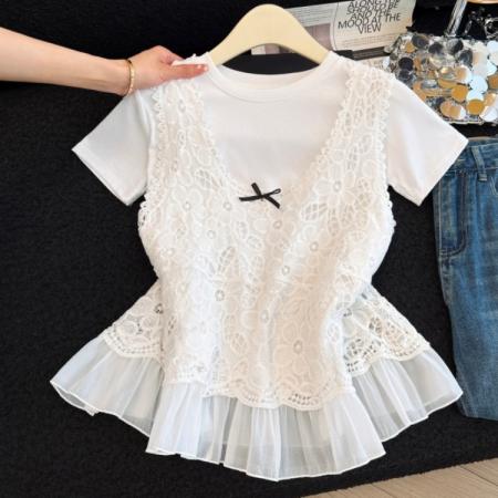 BY13852# 蕾丝拼接蝴蝶结吊带背心女夏新款百搭叠穿短袖T恤两件套装  服裝批發女裝批發服飾貨源