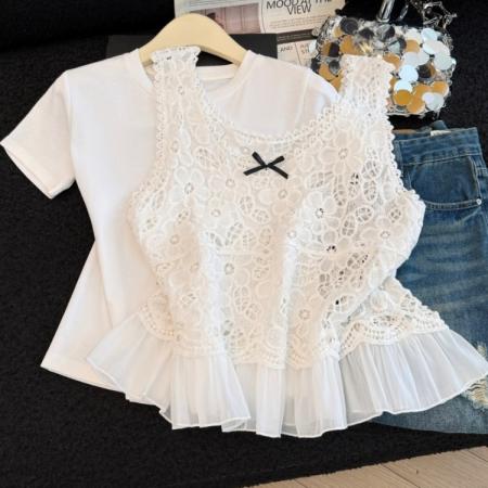 BY13852# 蕾丝拼接蝴蝶结吊带背心女夏新款百搭叠穿短袖T恤两件套装  服裝批發女裝批發服飾貨源