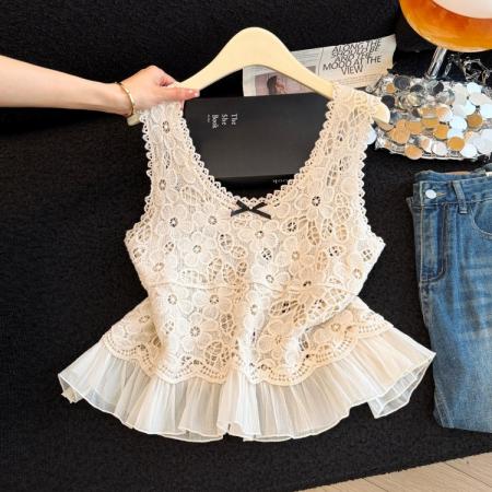 BY13852# 蕾丝拼接蝴蝶结吊带背心女夏新款百搭叠穿短袖T恤两件套装  服裝批發女裝批發服飾貨源