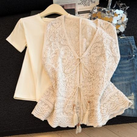 BY13853# 夏季新款钩花镂空重工刺绣系带马甲百搭短袖两件套  服裝批發女裝批發服飾貨源