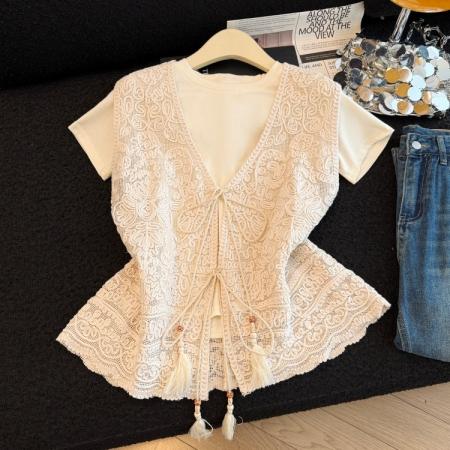 BY13853# 夏季新款钩花镂空重工刺绣系带马甲百搭短袖两件套  服裝批發女裝批發服飾貨源