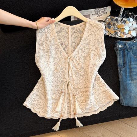 BY13853# 夏季新款钩花镂空重工刺绣系带马甲百搭短袖两件套  服裝批發女裝批發服飾貨源