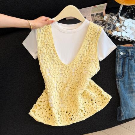 BY13854# 韩版百搭钩花镂空背心长袖打底衫两件套女叠穿针织套装女  服裝批發女裝批發服飾貨源