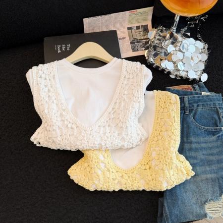 BY13854# 韩版百搭钩花镂空背心长袖打底衫两件套女叠穿针织套装女  服裝批發女裝批發服飾貨源