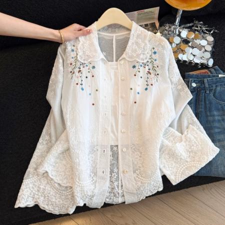 BY13855# 拼接绣花衬衫女新款甜美别致宽松白色衬衣长袖上衣  服裝批發女裝批發服飾貨源