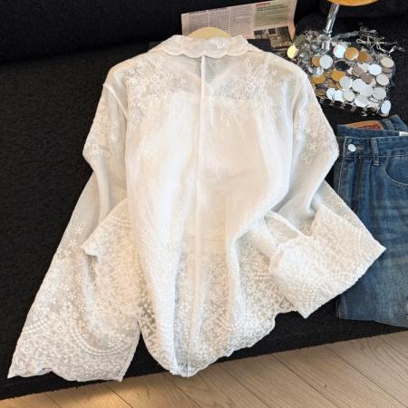 BY13855# 拼接绣花衬衫女新款甜美别致宽松白色衬衣长袖上衣  服裝批發女裝批發服飾貨源