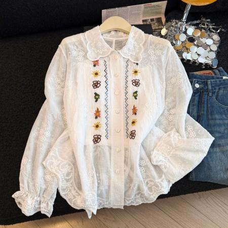 BY13856# 拼接绣花衬衫女新款甜美别致宽松白色衬衣长袖上衣  服裝批發女裝批發服飾貨源