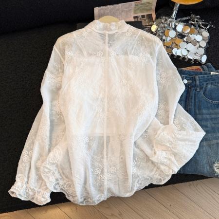 BY13856# 拼接绣花衬衫女新款甜美别致宽松白色衬衣长袖上衣  服裝批發女裝批發服飾貨源
