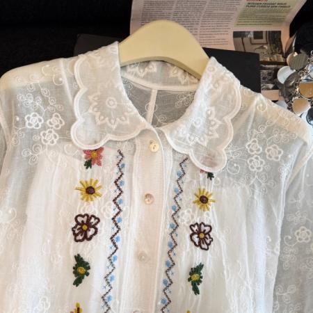 BY13856# 拼接绣花衬衫女新款甜美别致宽松白色衬衣长袖上衣  服裝批發女裝批發服飾貨源