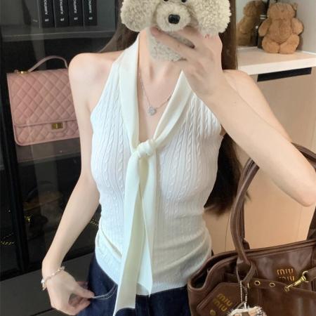BY13858# 纯欲性感扭结系带挂脖针织上衣女夏季蕾丝拼接设计感露背甜辣T恤  服裝批發女裝批發服飾貨源