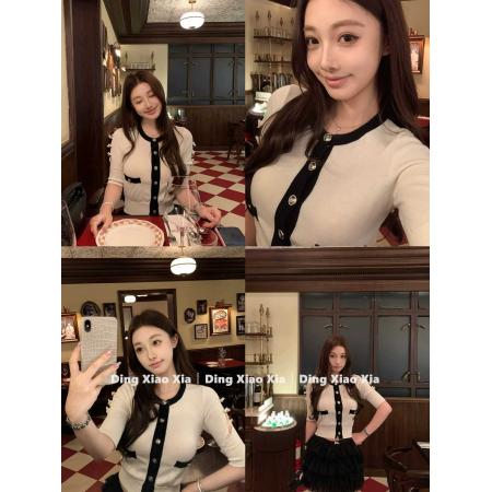 BY13859# 法式圆领小香风撞色针织开衫女春季小个子高级千金感修身显瘦上衣  服裝批發女裝批發服飾貨源