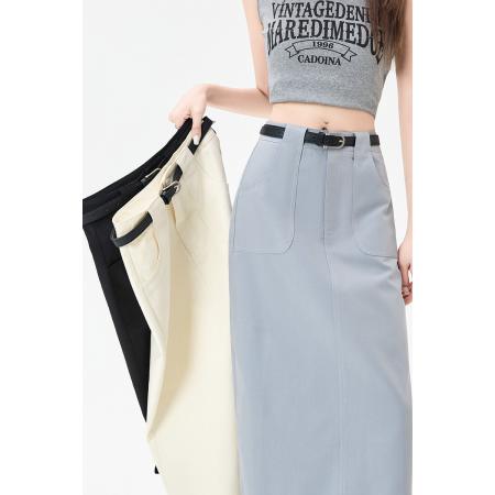 BY13860# 杏色天丝棉后开叉半身裙女中长款高腰显瘦春夏薄款a字包臀裙  服裝批發女裝批發服飾貨源