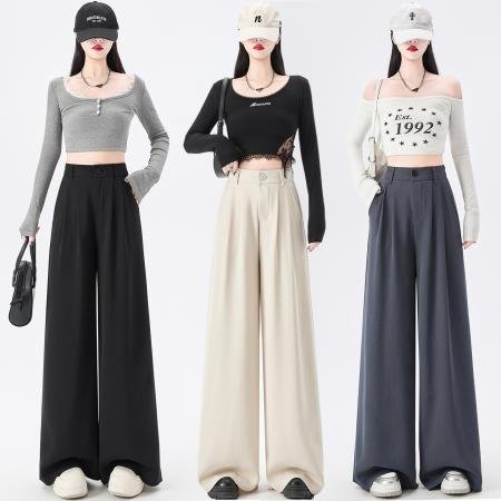 BY13861# 垂感黑色西装阔腿长裤女春夏秋新款高腰高级感休闲直筒裤子  服裝批發女裝批發服飾貨源