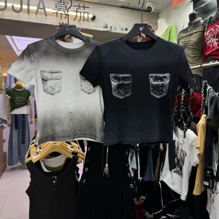 BY13862# 美式复古个性辣妹水洗喷绘假口袋短款短袖螺纹棉T恤上衣t  服裝批發女裝批發服飾貨源