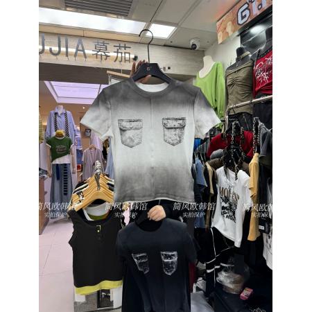 BY13862# 美式复古个性辣妹水洗喷绘假口袋短款短袖螺纹棉T恤上衣t  服裝批發女裝批發服飾貨源