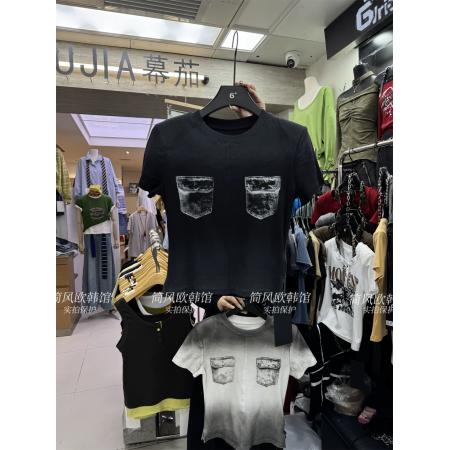 BY13862# 美式复古个性辣妹水洗喷绘假口袋短款短袖螺纹棉T恤上衣t  服裝批發女裝批發服飾貨源