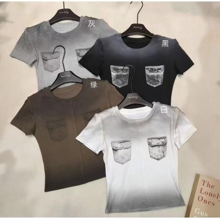 BY13862# 美式复古个性辣妹水洗喷绘假口袋短款短袖螺纹棉T恤上衣t  服裝批發女裝批發服飾貨源