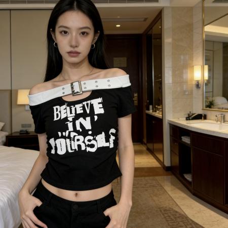 BY13863# 美式复古纯欲辣妹字母印花斜肩短袖T恤女春夏新款独特气质ins上衣  服裝批發女裝批發服飾貨源