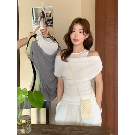 BY13864# 韩系辣妹黑色假两件露肩上衣女夏季新款短袖T恤设计感小众  服裝批發女裝批發服飾貨源