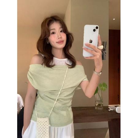 BY13864# 韩系辣妹黑色假两件露肩上衣女夏季新款短袖T恤设计感小众  服裝批發女裝批發服飾貨源