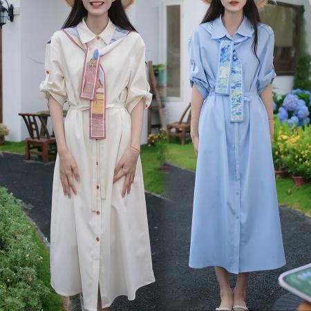 BY13873# 法式复古温柔风印花连衣裙女新款收腰显瘦过膝衬衫长裙  服裝批發女裝批發服飾貨源