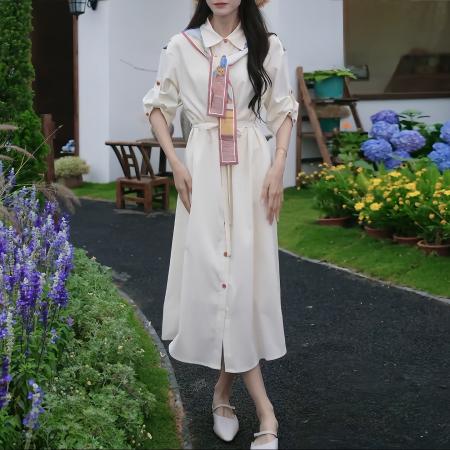 BY13873# 法式复古温柔风印花连衣裙女新款收腰显瘦过膝衬衫长裙  服裝批發女裝批發服飾貨源