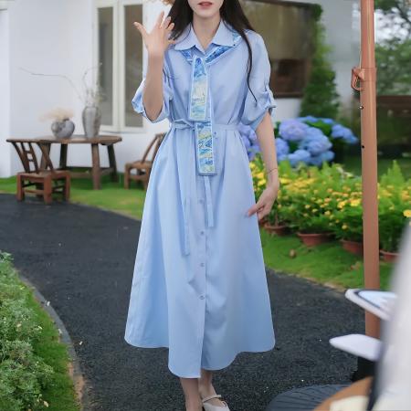 BY13873# 法式复古温柔风印花连衣裙女新款收腰显瘦过膝衬衫长裙  服裝批發女裝批發服飾貨源