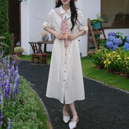 BY13873# 法式复古温柔风印花连衣裙女新款收腰显瘦过膝衬衫长裙  服裝批發女裝批發服飾貨源