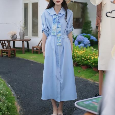 BY13873# 法式复古温柔风印花连衣裙女新款收腰显瘦过膝衬衫长裙  服裝批發女裝批發服飾貨源