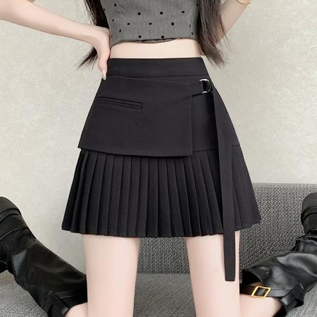 BY13874# 夏韩版高腰显瘦假两件设计感灰色西装a字半身短裙百褶裙  服裝批發女裝批發服飾貨源