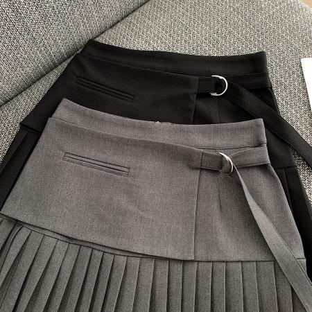 BY13874# 夏韩版高腰显瘦假两件设计感灰色西装a字半身短裙百褶裙  服裝批發女裝批發服飾貨源