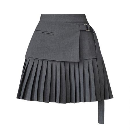 BY13874# 夏韩版高腰显瘦假两件设计感灰色西装a字半身短裙百褶裙  服裝批發女裝批發服飾貨源