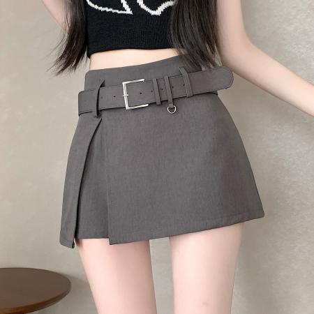 BY13875# 高腰显瘦前侧开叉设计灰色西装a字包臀半身裙裙裤配腰带  服裝批發女裝批發服飾貨源