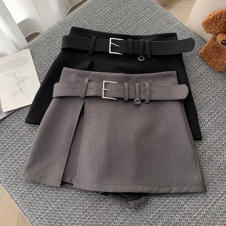 BY13875# 高腰显瘦前侧开叉设计灰色西装a字包臀半身裙裙裤配腰带  服裝批發女裝批發服飾貨源