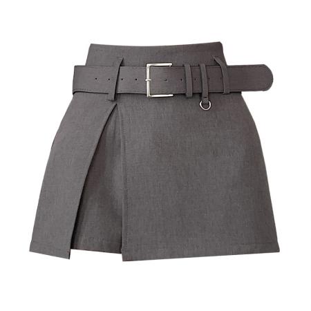 BY13875# 高腰显瘦前侧开叉设计灰色西装a字包臀半身裙裙裤配腰带  服裝批發女裝批發服飾貨源