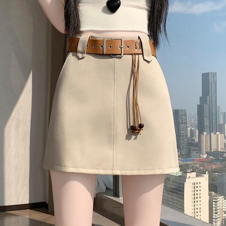 BY13876# 夏高腰显瘦流苏腰带设计纯色洗水棉工装裙a字半身短裙  服裝批發女裝批發服飾貨源