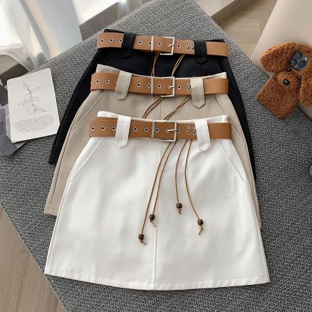 BY13876# 夏高腰显瘦流苏腰带设计纯色洗水棉工装裙a字半身短裙  服裝批發女裝批發服飾貨源