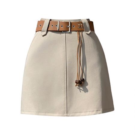 BY13876# 夏高腰显瘦流苏腰带设计纯色洗水棉工装裙a字半身短裙  服裝批發女裝批發服飾貨源